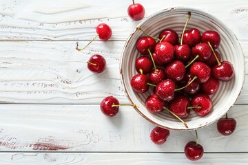 Cherries Bowl. Bright and Delicious Cherries in Bowl on White Wooden Background