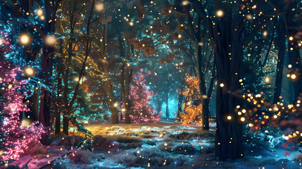 Obraz premium enchanted woodland sparkles with vibrant holiday cheer, inspiring wonder and joy. generative ai