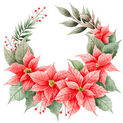 Watercolor Hand drawn illustration Christmas compositions with poinsettia flowers wreath for holiday invitation, card design clipart print new year decor for print, label, invitation design  
