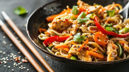 Chicken Noodles. Spicy Asian Noodles with Chicken and Vegetables in Wok Stir-Fry