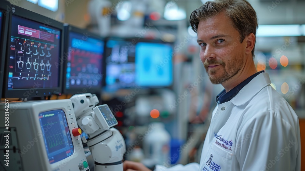 Poster a man in a white lab coat stands in a lab setting with a medical robot that regularly measures blood