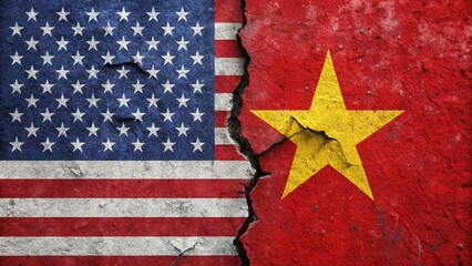 USA vs Vietnam Flags Clash with Crack and Conflict Image