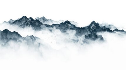 Chinese Poster. Hand Drawn Ink Painting of Foggy Mountains in Minimalist Style