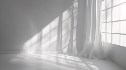 Obraz premium Minimalistic abstract gentle light grey background for product presentation with light and shadow of window curtains on wall.