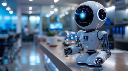 A white robotic assistant, Costaposta, stands on a table in an office setting, measuring blood pressure.
