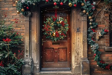 Christmas Decor House. Festive Holiday Home Decorated with Christmas Wreath on Front Door