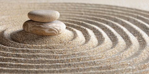 Minimalistic composition: Aesthetic minimalist patterns in a Japanese Zen Garden with concentric circles around a stone and a border of parallel lines for meditation and tranquility