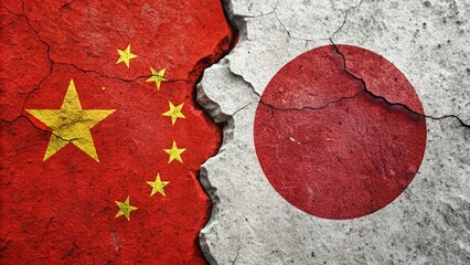 China vs Japan Flags Clash with Crack and Conflict