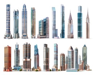 Obraz premium Cityscape Isolated. Skyscrapers, Towers, and Buildings Set for Modern Eco City Design