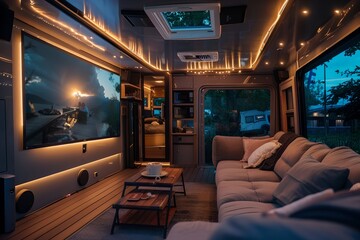 Modern and cozy camper van interior with a large screen, plush sofa, and elegant lighting. Ideal for luxury travel and adventure enthusiasts. Create memorable moments. Generative AI