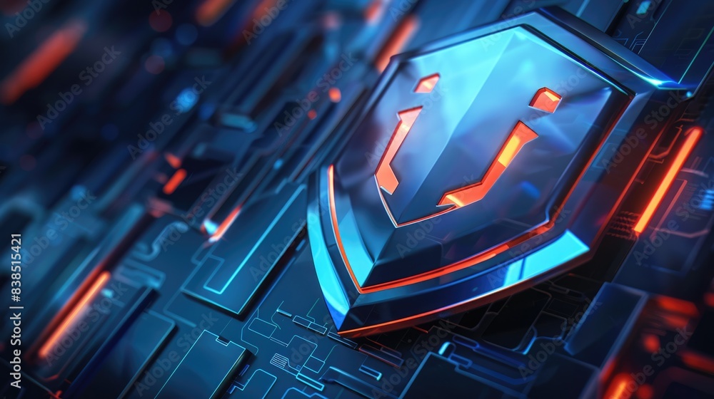 Poster digital badge. shield protection and security concept in abstract blue 3d rendering