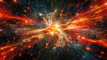 Naklejka premium Digital Burst. Chaos of Light and Particles around a Central Star in Magic Spacescape