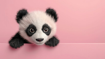 Obraz premium front view of a panda cub animal hiding behind a pink wall with cute expression with soft black and white fur, round body shape, and big bright eyes