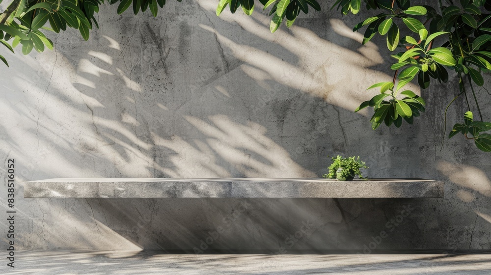 Poster display shelf. empty cement floor for product display with leaf shadow on concrete wall background