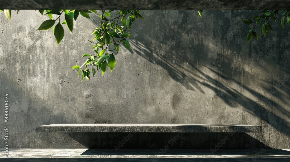 Poster display shelf. empty cement floor and shadow leaves wall background for product display