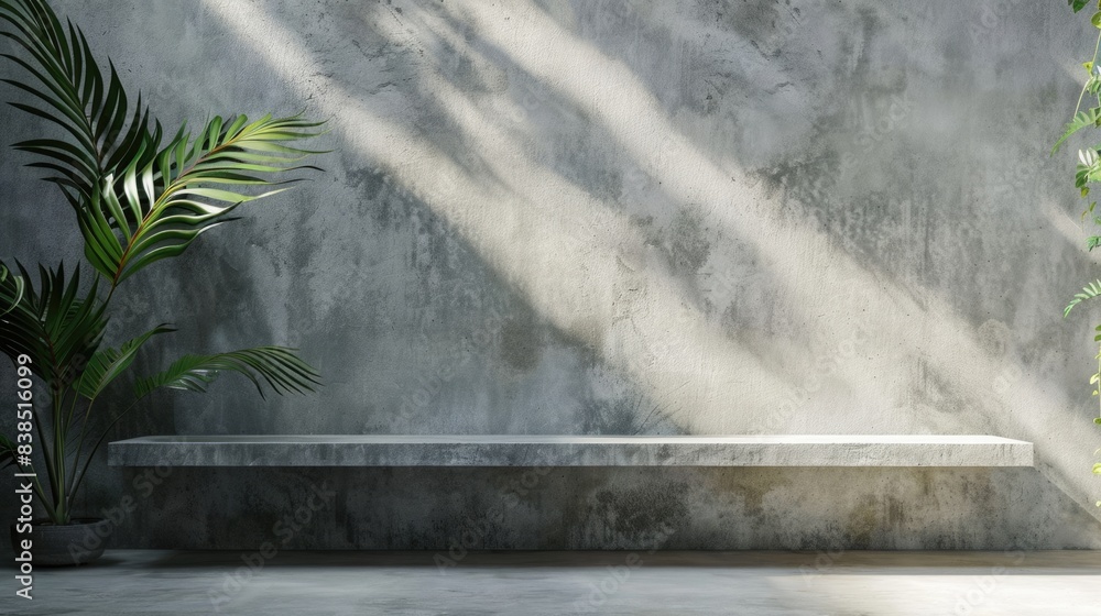 Poster display shelf. empty concrete floor with leaf shadow wall display for products