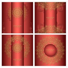 Four orange coloured backgrounds with gold mandala. Collection of luxurious square backgrounds with ethnic ornaments. 