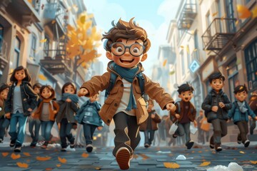 Happy animated boy running with excitement through an autumn city street