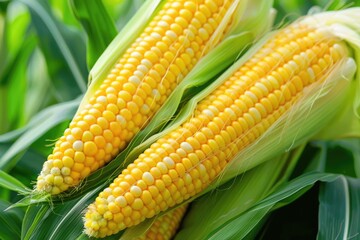 Cornfield Corn Field. Close up of Fresh Organic Corn Cob in Lush Green Summer Field
