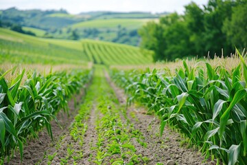 Naklejka premium Cornfield Corn Field. Fresh Organic Corn Harvest in Summer Season
