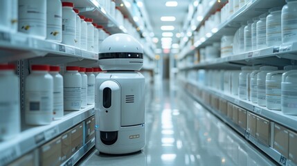 A white robot navigates a pharmacy aisle, passing rows of shelves stocked with bottles.