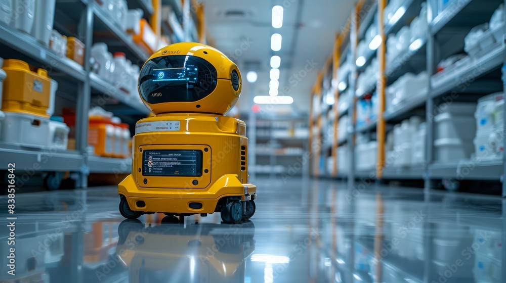 Poster a yellow costaposta robot moves through a warehouse aisle, tasked with collecting and sorting items.