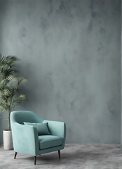 Fototapeta premium Living room with teal turquoise armchair, grey plaster wall, minimal style 2024