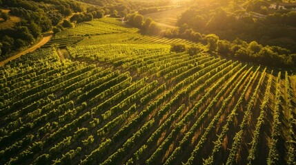 Fototapeta premium an aerial view of a vineyard field at sunset 