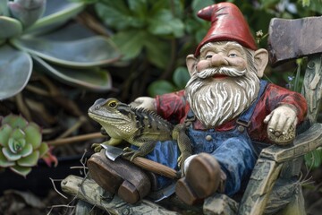 Dwarf Gnome Invitation: Cheerful Gardner Gnome Rocks in Chair, Lizard Rider Poster