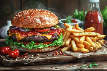 A tasty cheeseburger with melting cheese, fresh vegetables, and a side of golden fries set on a rustic table