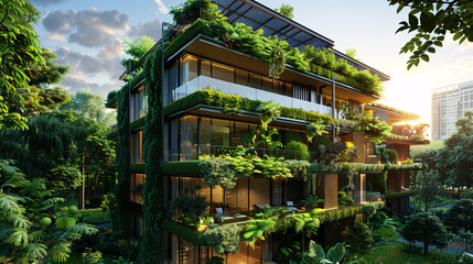 Naklejka premium Green architecture, a modern office building covered in plants and trees
