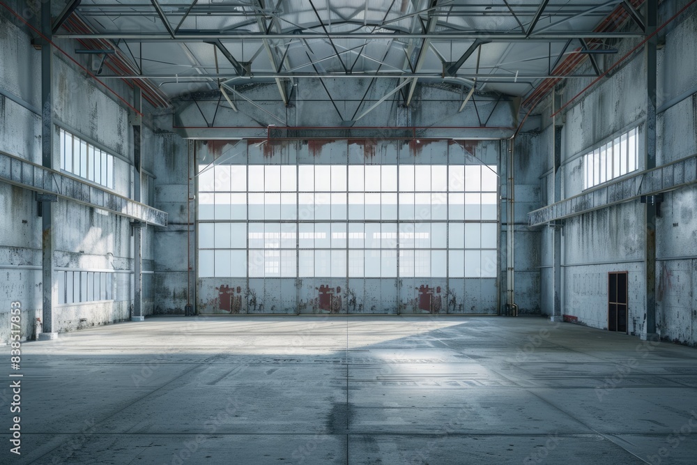 Poster factory wall in empty warehouse interior: white and empty space for storage and logistic