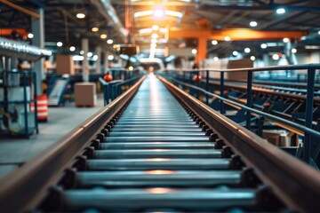 Fototapeta premium Factory Conveyor Belt. Roller in Motion on Production Line in Manufacturing Plant