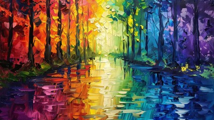 abstract oil painting of rainbow colors trees