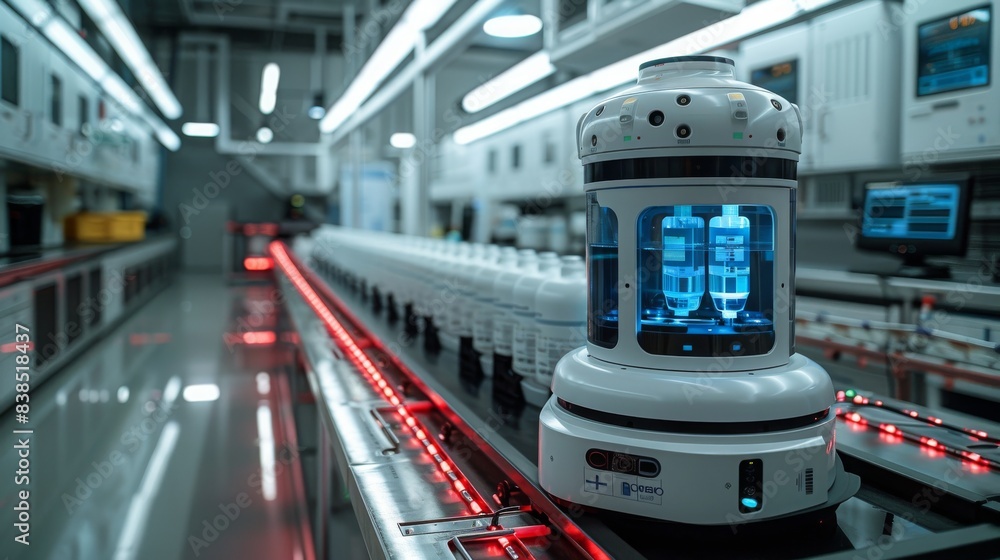 Poster a white autonomous robot navigates a conveyor belt in a modern factory setting.