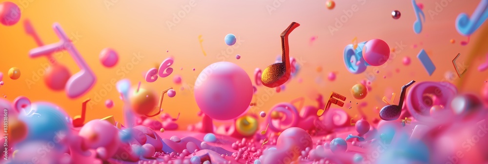 Poster a colorful background with music notes floating in the air and a yellow background