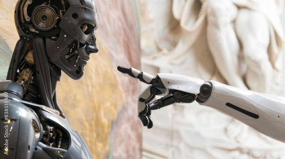 Poster a robot hand pointing at a human figure in front of it, ai