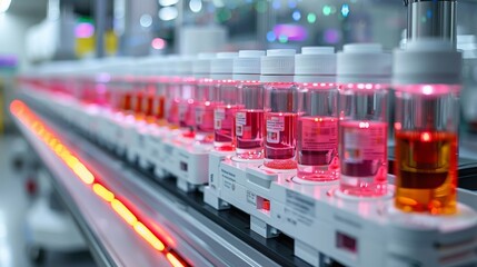 A robotic arm processes a line of IV bags, autonomously preparing medical solutions in a sterile laboratory setting.