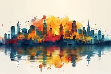Obraz premium This image showcases a vibrant watercolor art style depicting a city skyline with a reflection in water
