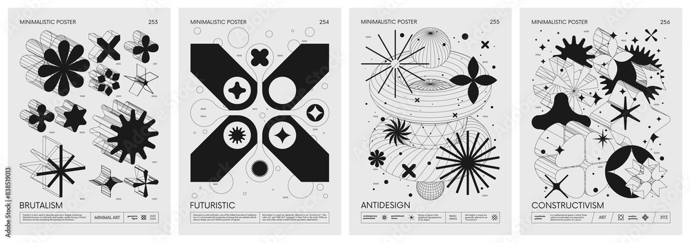 Poster brutalist style vector minimalistic posters with silhouette basic figures, retro futuristic graphic 