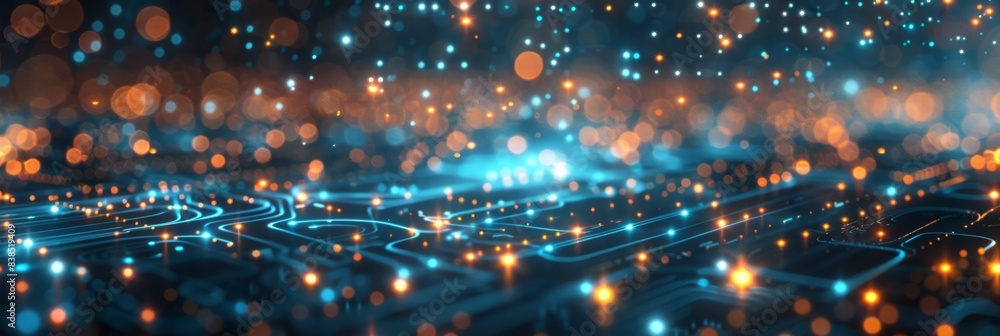 Poster a computer circuit board with lights and dots on it, ai