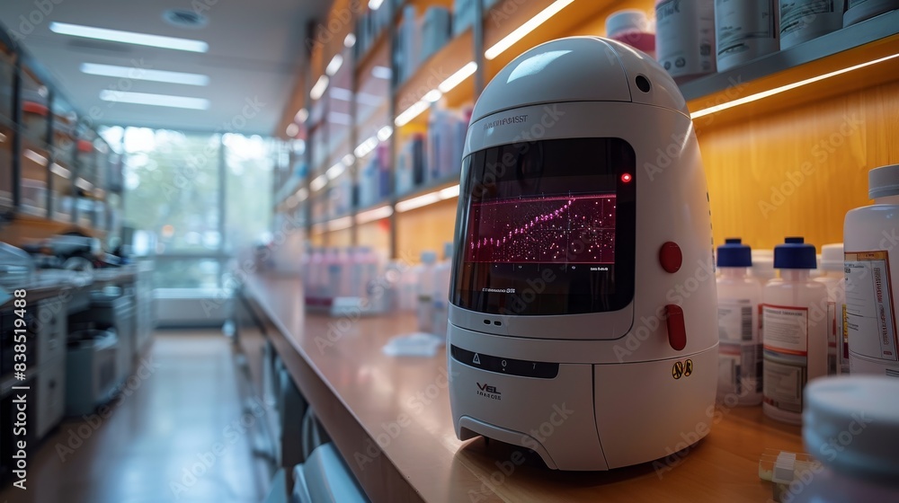 Poster a costaposta robot sits on a lab bench in a laboratory setting, with a display showing a data graph.