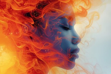 Digital art of a woman's profile with flames and flowing hair in vivid orange and blue tones