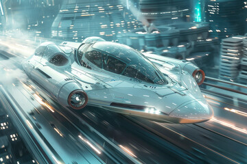 Fototapeta premium Futuristic Flying Car in a High-Speed Urban Transit System