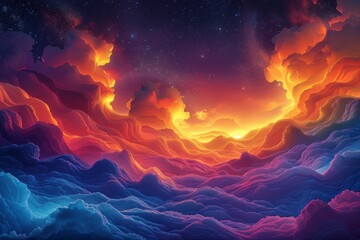 A dreamscape digital illustration of cosmic clouds and stars with a striking balance of warm and cool colors