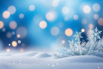 Icy blue white blurred bokeh, crystal snowy snowflakes, winter Christmas background.