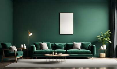 Living room with dark green sofa, emerald walls, and space for gallery art

