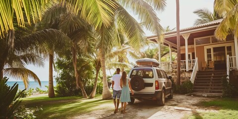 Beachside tropical house with palm trees, happy couple enjoying summer vacation under sunny sky