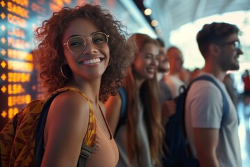 Fototapeta premium A group of diverse, happy travelers at the airport terminal, excitedly awaiting their flight