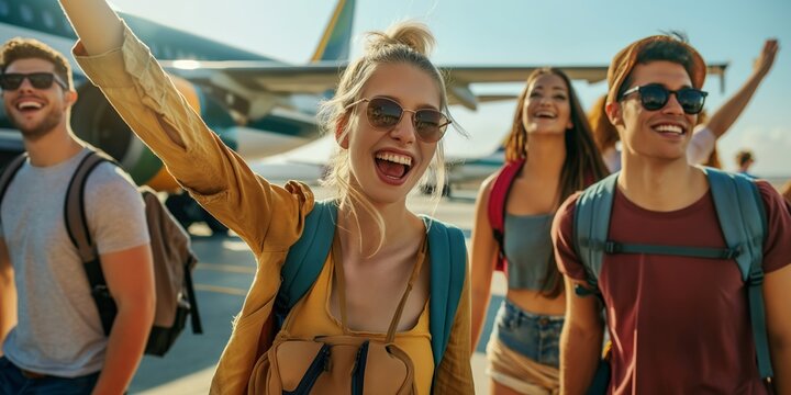 A group of cheerful friends laughs joyfully while traveling together, enjoying a fun-filled summer adventure